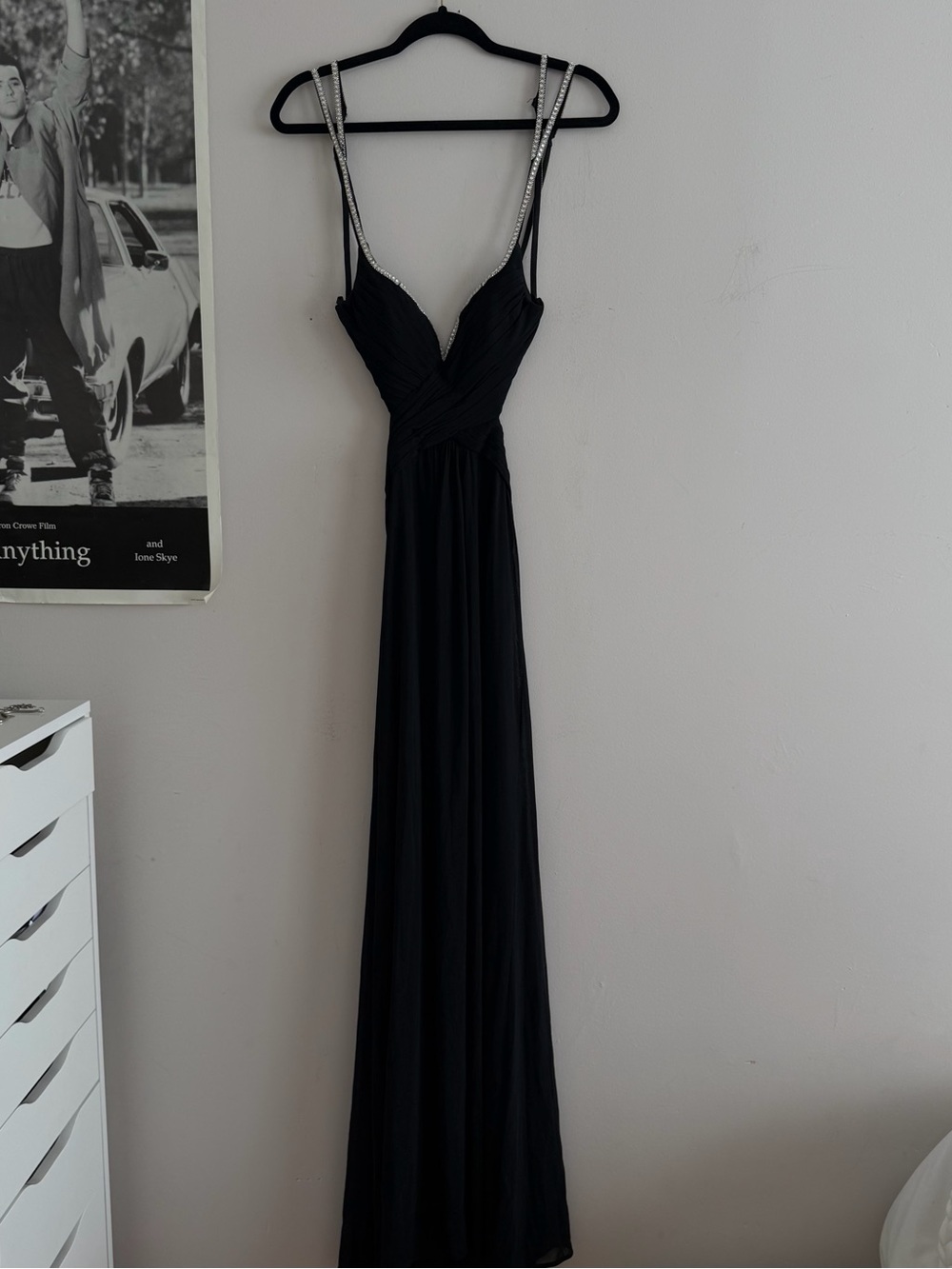 La Femme Black Maxi Gown with Rhinestone Straps